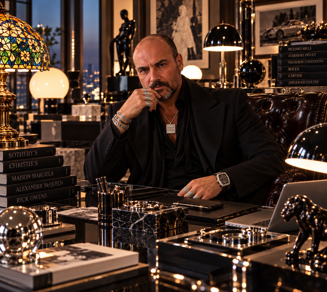 Alessandro Galano seduto alla scrivania in uno studio elegante